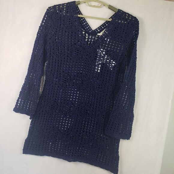 La Blanca Crochet Swim Cover Up Womens Medium Indigo Tunic Dress V Neck LB3ZW57 - Picture 3 of 12